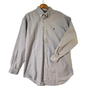 Ralph Lauren Golf Blue and White Houndstooth Plaid Long Sleeve Button Down